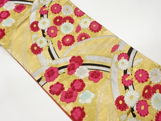 変わり青海波に菊・牡丹模様織出し袋帯